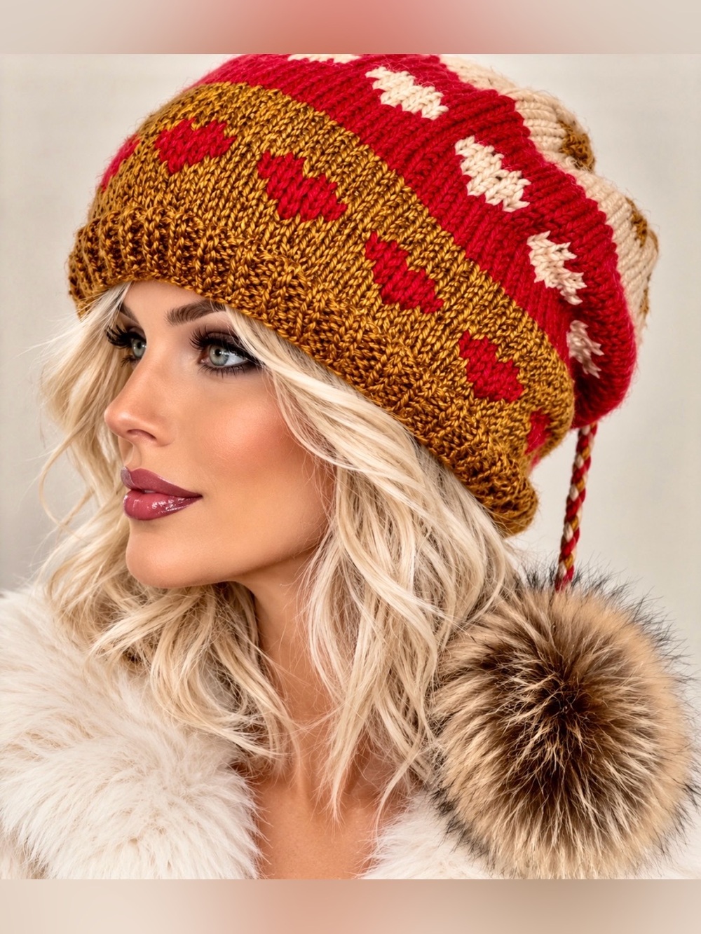Hand Knits 2 Love Beanie Slouch Hat Cap Hearts Hip